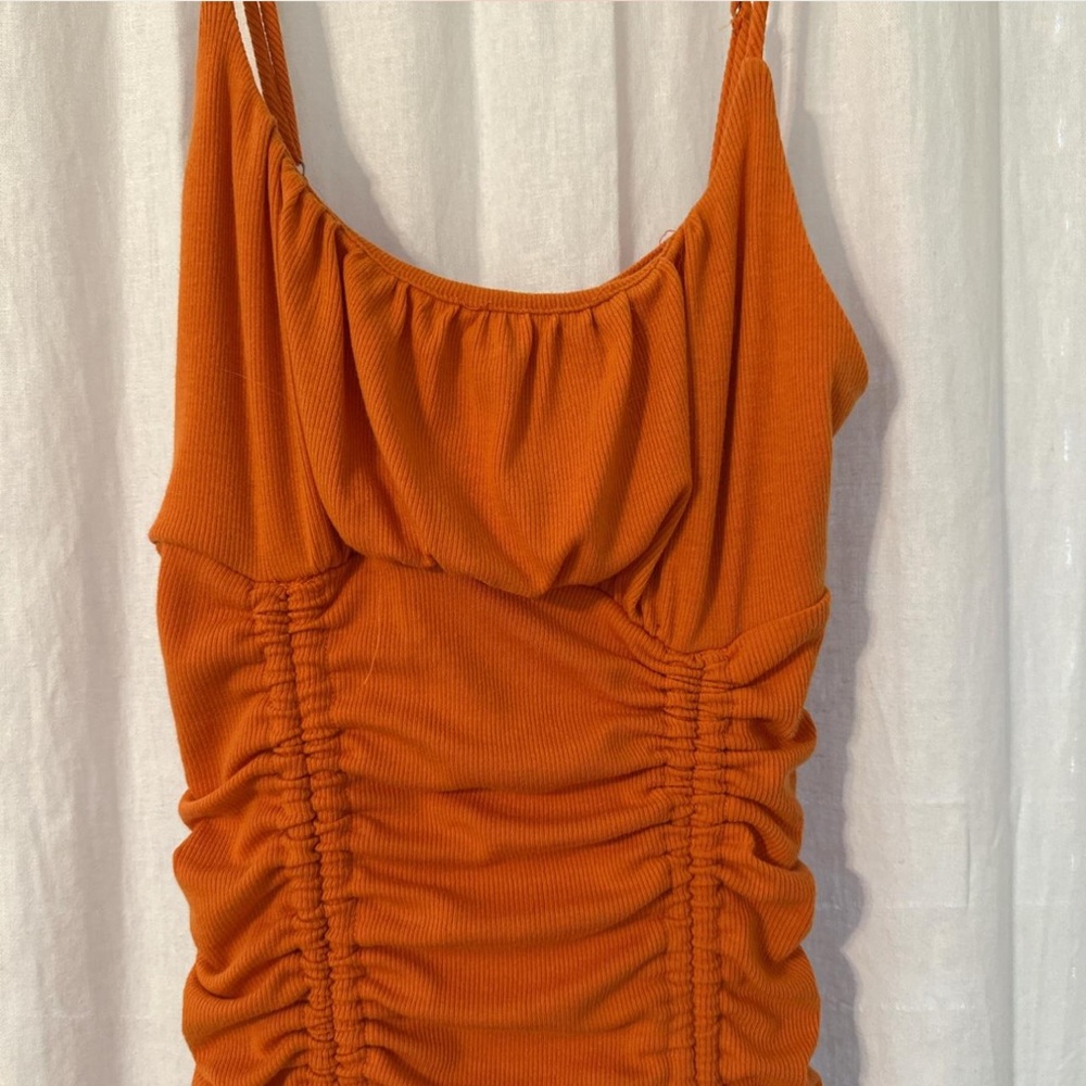 Orange Ruched Mini Bodycon Dress - Picture 2 of 6